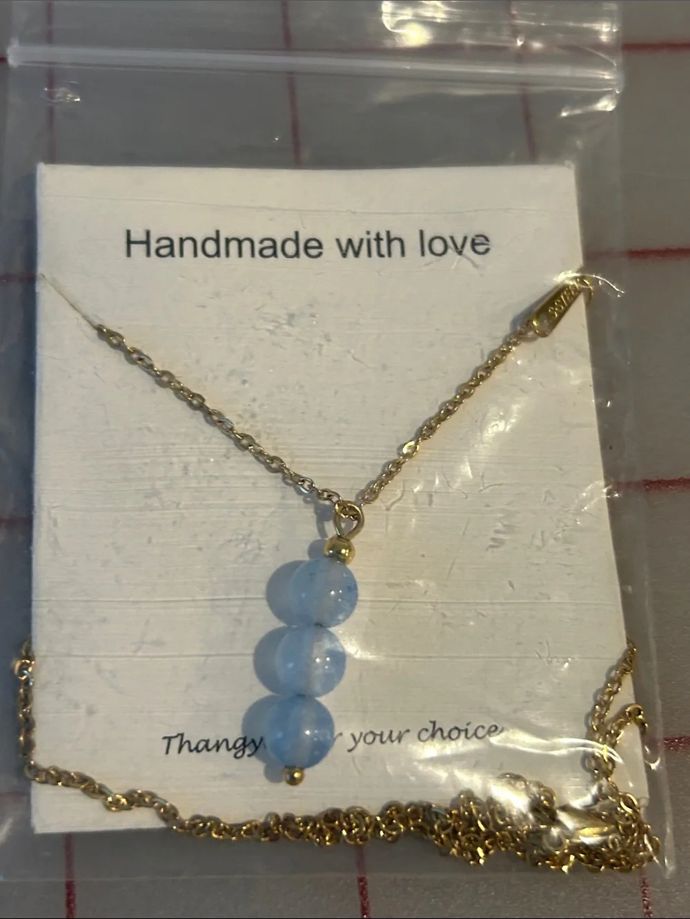 Gold Chain Necklace with Light Blue Bead Trio Pendant